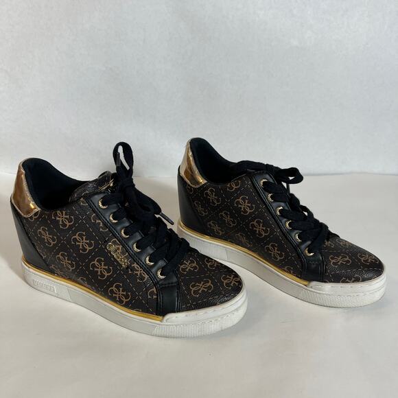 Guess GW Flowurs Wedge Sneakers in Brown and Metallic Gold Multi 8.5M - Picture 8 of 13